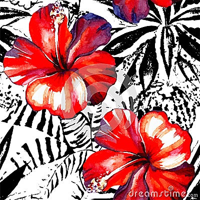 Tropical hibiscus watercolor and graphic exotic plants seamless Vector Illustration