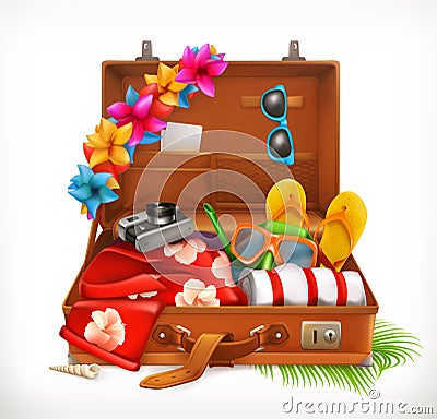 Tropical Holidays. Summer vacation, open suitcase. Vector icon Vector Illustration