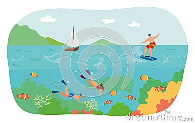 Tropical hot country underwater sport, people character together diving and water skiing sport flat vector illustration Vector Illustration