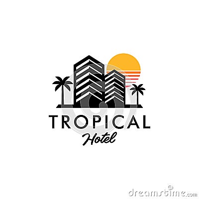 Tropical hotel logo concept, apartment hotel building with palm tree and sun Vector Illustration