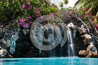 Tropical hotel pool waterfall + bougainvillea Stock Photo