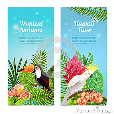 Tropical island birds vertical banners set Vector Illustration