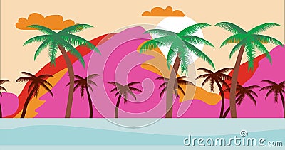 Tropical island Cartoon background during summer sunset with palms. Empty beach without people. Flat design Cartoon Illustration