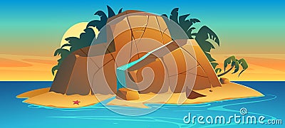 Small Tropical Island With Waterfall Vector Illustration