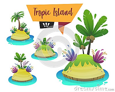 Tropical island cartoon style set. funny and cheerful beautiful paradise travel tourism and adventure into sea beach shore with Vector Illustration