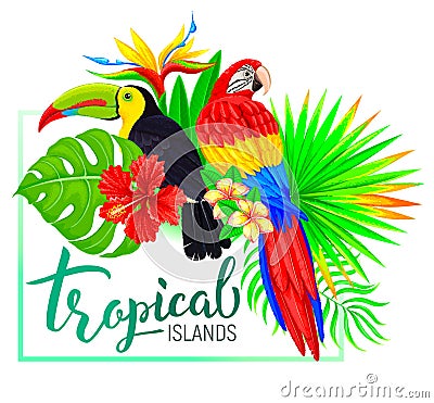 Tropical island composition with toucan parrot leaves flowers Vector Illustration