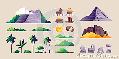 Tropical island constructor. Cartoon landscape with mountain hills palm trees clouds green foliage samples, summer coast Vector Illustration