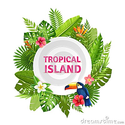 Tropical Island Flora And Toucan Frame Vector Illustration