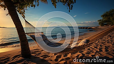 Tropical island getaway. hammock, palm tree, and sea views for ultimate relaxation and tranquility Stock Photo