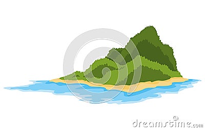 Tropical island with green trees in ocean. Uninhabited isle with beach surrounded with sea water. Empty land and no Vector Illustration
