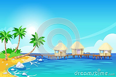 Tropical island landscape, vector illustration. Palms and bungalows in the ocean. Summer travel cartoon background. Vector Illustration