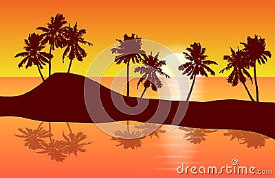 Tropical island landscape vector with palm trees in orange sunset reflected in a lagune. Vector Illustration