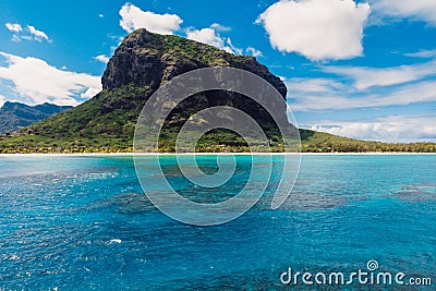 Tropical island with Le Morne mountain, blue ocean and coastline in Mauritius. Aerial view Stock Photo