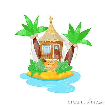 Tropical island in ocean with palm trees and bungalow hut. Vector Illustration