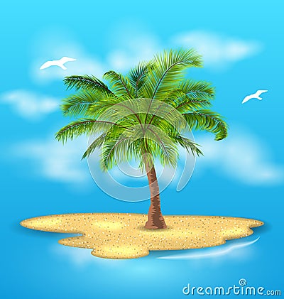 Tropical Island with Palm Tree, Outdoor, Vacation Vector Illustration