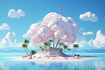 Tropical island with palm trees and sand. 3d render Ai generative Stock Photo