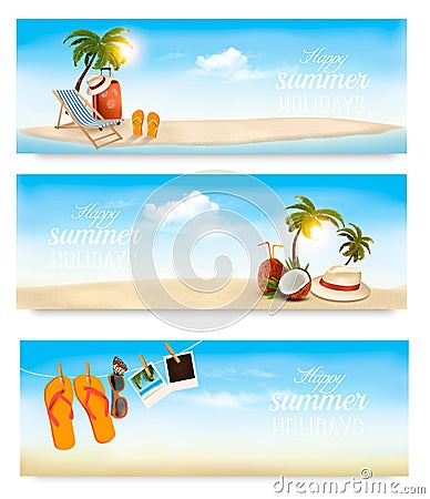 Tropical island with palms, a beach chair and a suitcase. Vector Illustration