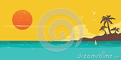 Tropical island paradise horizon seascape background with palms silhouette Vector Illustration