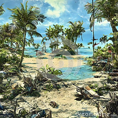 Tropical island paradise scene with beaches and palm trees Stock Photo