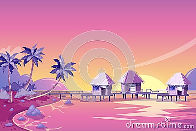 Tropical island pink sunset landscape. Vector cartoon illustration. Palms, beach and bungalows in the ocean. Vector Illustration