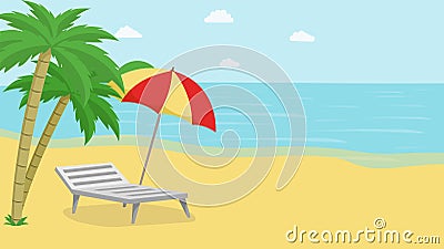 Tropical island relax vector illustration. Seascape with exotic palm trees, beach umbrella and deck chair. Seaside Vector Illustration