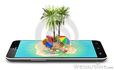 Tropical island resort on smartphone screen Cartoon Illustration