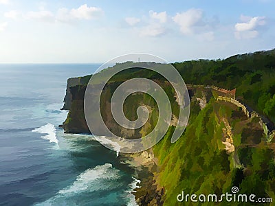 Tropical island`s cliff coast and oceanic wave. Uluwatu temple of Bali, Indonesia Cartoon Illustration