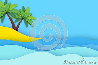 Tropical island. Seaside landscape in paper cut style. Nobody under the green palm trees on Seashore. Time to travel Vector Illustration