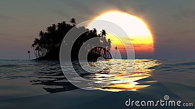 Tropical island silhouette over sunset in open ocean Stock Photo