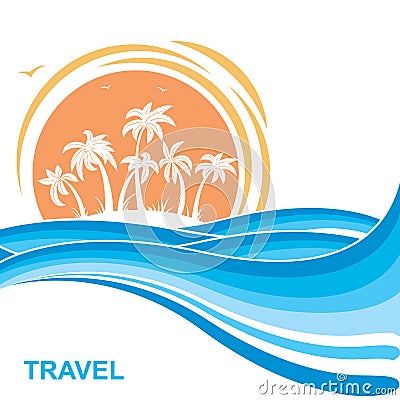 Tropical island and sun. Sea waves background illustration Vector Illustration