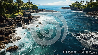 a Tropical Island Viewed From Above Rocky Shoreline Cerulean Water White Waves AI Generative Stock Photo