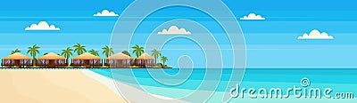 Tropical island with villa bungalow hotel on beach seaside green palms landscape summer vacation concept flat horizontal Vector Illustration