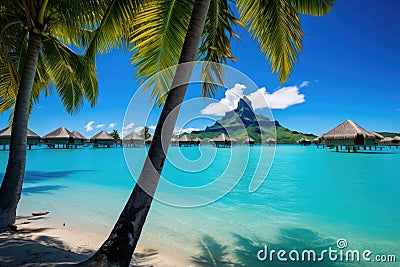 Tropical island with water bungalows and coconut palm trees, Luxury overwater villas with coconut palm trees, blue lagoon, white Stock Photo