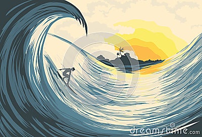 Tropical island wave and surfer Vector Illustration