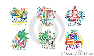 Tropical islands labels set. Maldive, Crete, Bali, Tahiti, Sicilia, Hawaii badges for tourist agency, tropical party Vector Illustration