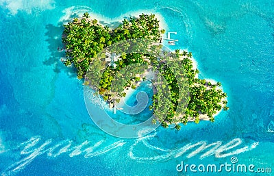 Tropical islands in the shape of heart and boat writing text `you and me` Cartoon Illustration