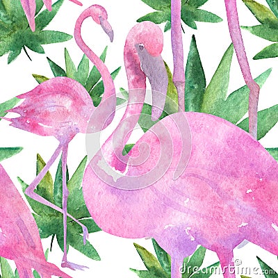 Watercolor tropic drawing, rose bird and greenery palm tree, tropic green texture, exotic flower. Stock Photo