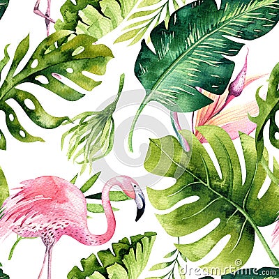 Tropical isolated seamless pattern with flamingo. Watercolor tropic drawing, rose bird and greenery palm tree, tropic Stock Photo