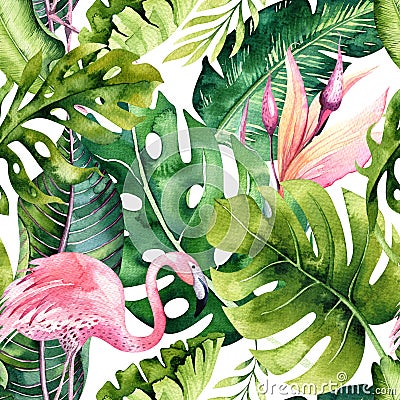 Tropical isolated seamless pattern with flamingo. Watercolor tropic drawing, rose bird and greenery palm tree, tropic Stock Photo