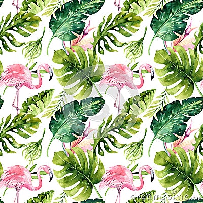 Tropical isolated seamless pattern with flamingo. Watercolor tropic drawing, rose bird and greenery palm tree, tropic Stock Photo