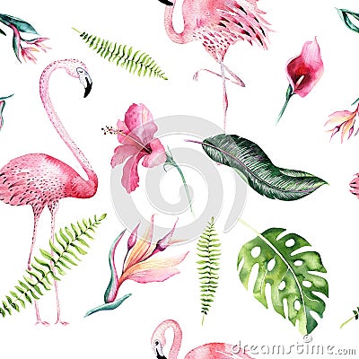 Tropical isolated seamless pattern with flamingo. Watercolor tropic drawing, rose bird and greenery palm tree, tropic Stock Photo