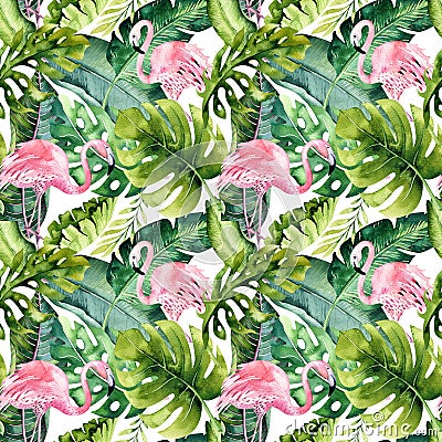 Tropical isolated seamless pattern with flamingo. Watercolor tropic drawing, rose bird and greenery palm tree, tropic Stock Photo