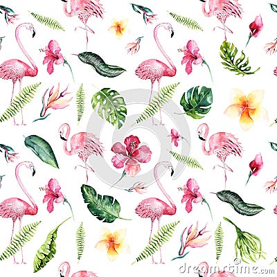 Tropical isolated seamless pattern with flamingo. Watercolor tropic drawing, rose bird and greenery palm tree, tropic Stock Photo