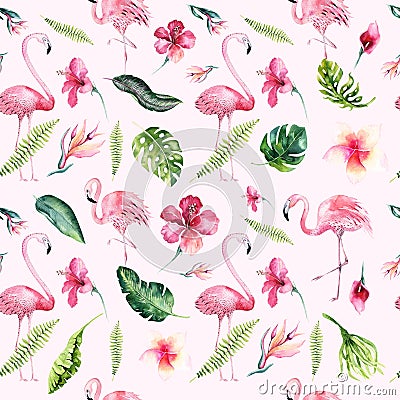 Tropical isolated seamless pattern with flamingo. Watercolor tropic drawing, rose bird and greenery palm tree, tropic Stock Photo