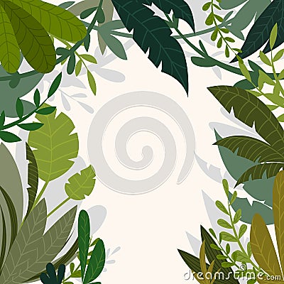 Tropical jungle background with palm trees and leaves in cartoon style. Vector Illustration