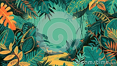 Tropical Jungle Illustration with Exotic Flora and Fauna Stock Photo