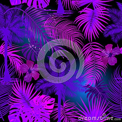 Tropical jungle neon palm leaves seamless pattern, vector background Vector Illustration