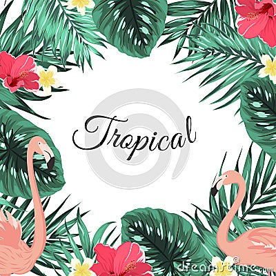 Tropical jungle palm leaves flamingo flowers frame Vector Illustration