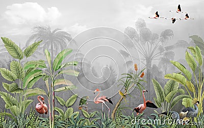 tropical jungle with palm and leaves and flamingo wallpaper illustration Cartoon Illustration