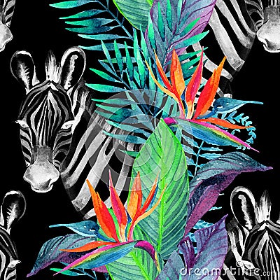 Tropical jungle seamless pattern. Floral design with zebra on white background. Cartoon Illustration